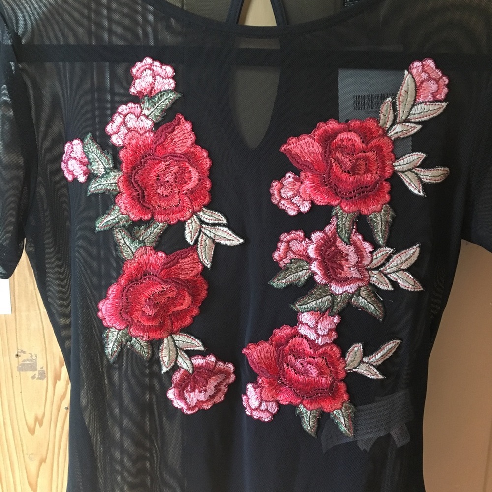 Forever 21 Mesh Rose Embroidered Bodysuit